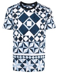 Мужская бело-темно-синяя футболка с круглым вырезом с принтом от Dolce & Gabbana