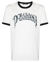 Мужская бело-темно-синяя футболка с круглым вырезом с принтом от Dolce & Gabbana