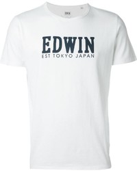 Мужская бело-темно-синяя футболка с круглым вырезом с принтом от Edwin