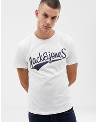 Мужская бело-темно-синяя футболка с круглым вырезом с принтом от Jack & Jones