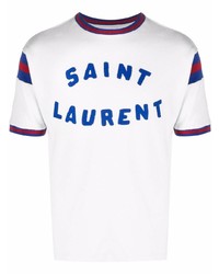 Мужская бело-темно-синяя футболка с круглым вырезом с принтом от Saint Laurent
