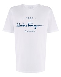 Мужская бело-темно-синяя футболка с круглым вырезом с принтом от Salvatore Ferragamo