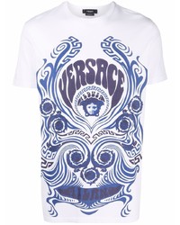 Мужская бело-темно-синяя футболка с круглым вырезом с принтом от Versace