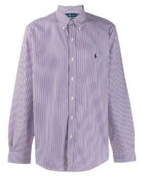 Мужская бело-фиолетовая рубашка с длинным рукавом в вертикальную полоску от Ralph Lauren