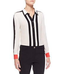 Бело-черная блуза на пуговицах в вертикальную полоску