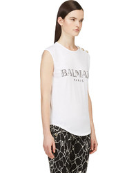Женская бело-черная майка с принтом от Balmain