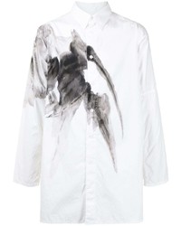 Мужская бело-черная рубашка с длинным рукавом с принтом от Yohji Yamamoto