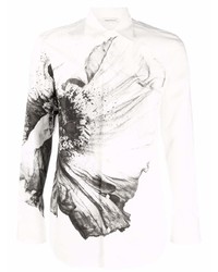 Мужская бело-черная рубашка с длинным рукавом с цветочным принтом от Alexander McQueen