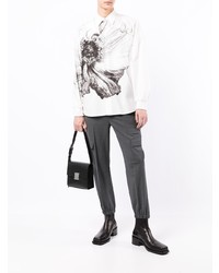 Мужская бело-черная рубашка с длинным рукавом с цветочным принтом от Alexander McQueen