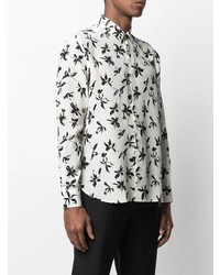 Мужская бело-черная рубашка с длинным рукавом с цветочным принтом от Saint Laurent