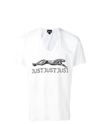 Мужская бело-черная футболка с v-образным вырезом с принтом от Just Cavalli