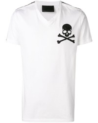 Мужская бело-черная футболка с v-образным вырезом с принтом от Philipp Plein