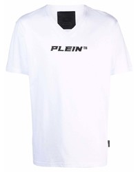 Мужская бело-черная футболка с v-образным вырезом с принтом от Philipp Plein