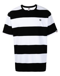 Мужская бело-черная футболка с круглым вырезом в горизонтальную полоску от AAPE BY A BATHING APE