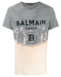 Мужская бело-черная футболка с круглым вырезом в горизонтальную полоску от Balmain