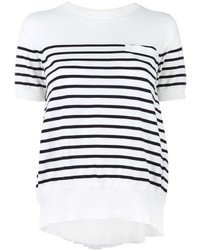 Женская бело-черная футболка с круглым вырезом в горизонтальную полоску от Sacai