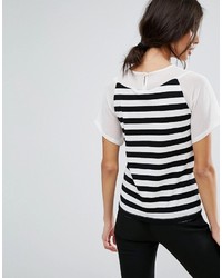 Женская бело-черная футболка с круглым вырезом в горизонтальную полоску от Sisley