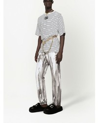 Мужская бело-черная футболка с круглым вырезом в горизонтальную полоску от Dolce & Gabbana