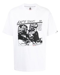 Мужская бело-черная футболка с круглым вырезом с принтом от AAPE BY A BATHING APE