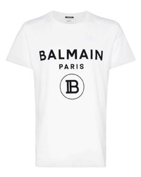 Мужская бело-черная футболка с круглым вырезом с принтом от Balmain
