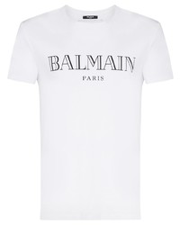 Мужская бело-черная футболка с круглым вырезом с принтом от Balmain