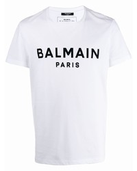 Мужская бело-черная футболка с круглым вырезом с принтом от Balmain