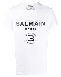 Мужская бело-черная футболка с круглым вырезом с принтом от Balmain