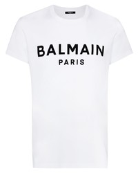 Мужская бело-черная футболка с круглым вырезом с принтом от Balmain