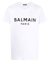 Мужская бело-черная футболка с круглым вырезом с принтом от Balmain