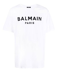 Мужская бело-черная футболка с круглым вырезом с принтом от Balmain