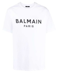 Мужская бело-черная футболка с круглым вырезом с принтом от Balmain