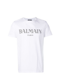 Мужская бело-черная футболка с круглым вырезом с принтом от Balmain