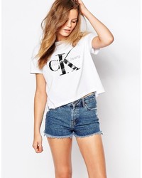 Женская бело-черная футболка с круглым вырезом с принтом от Calvin Klein Jeans