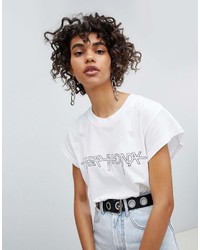 Женская бело-черная футболка с круглым вырезом с принтом от Cheap Monday