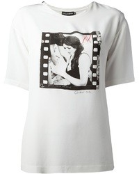 Женская бело-черная футболка с круглым вырезом с принтом от Dolce & Gabbana
