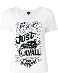 Женская бело-черная футболка с круглым вырезом с принтом от Just Cavalli