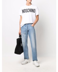 Мужская бело-черная футболка с круглым вырезом с принтом от Moschino