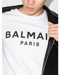 Мужская бело-черная футболка с круглым вырезом с принтом от Balmain