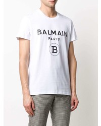 Мужская бело-черная футболка с круглым вырезом с принтом от Balmain