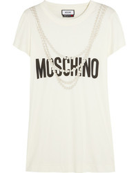 Женская бело-черная футболка с круглым вырезом с принтом от Moschino