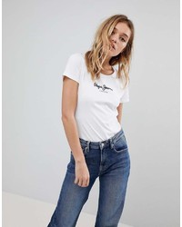 Женская бело-черная футболка с круглым вырезом с принтом от Pepe Jeans