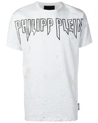Мужская бело-черная футболка с круглым вырезом с принтом от Philipp Plein