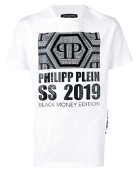 Мужская бело-черная футболка с круглым вырезом с принтом от Philipp Plein