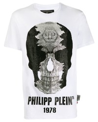 Мужская бело-черная футболка с круглым вырезом с принтом от Philipp Plein