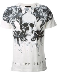 Мужская бело-черная футболка с круглым вырезом с принтом от Philipp Plein