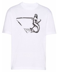 Мужская бело-черная футболка с круглым вырезом с принтом от Prada