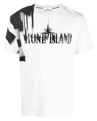 Мужская бело-черная футболка с круглым вырезом с принтом от Stone Island