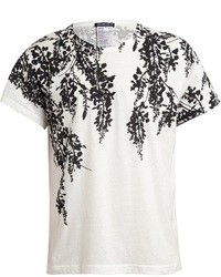Бело-черная футболка с круглым вырезом с цветочным принтом