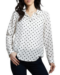 Бело-черная шелковая классическая рубашка в горошек