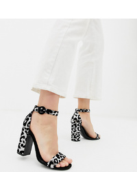 Бело-черные замшевые босоножки на каблуке с леопардовым принтом